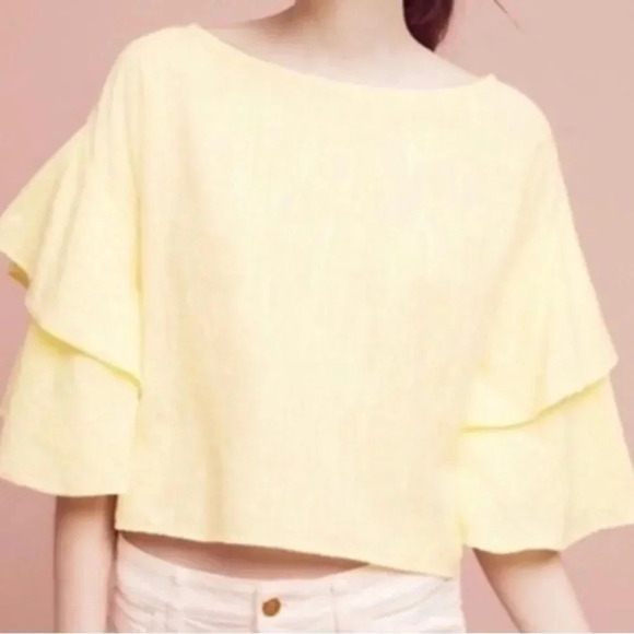 Anthropologie Tops - Lilka Anthropologie soft yellow gauzy cotton top, ruffle sleeves Women’s size M